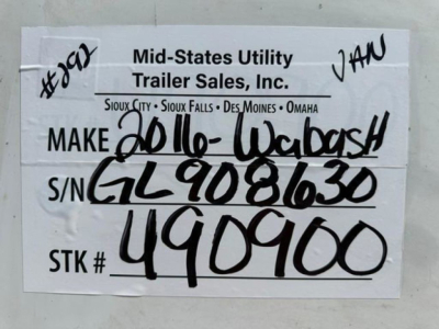 Trailer ID tag showing Make 2016 Wabash, S/N GL908630, Stock 490960, STK # handwritten, Mid-States Utility Trailer Sales, Inc. branding.