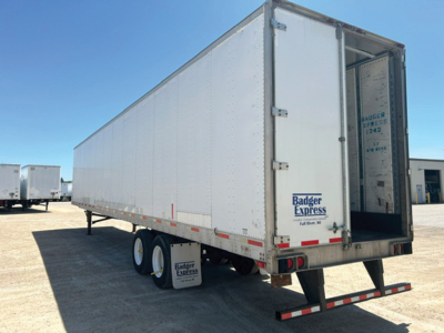 Utility trailer 2005 Badger Express box trailer rear open showing tandem axles and trailer legs.