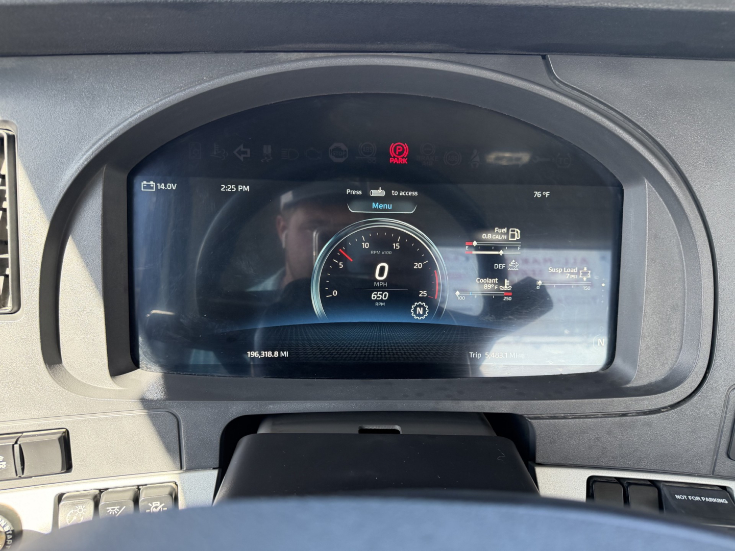 Kenworth T880 dashboard view showing digital gauge cluster with 0 mph, 650 total miles, environmental indicators, and various instrument readouts.