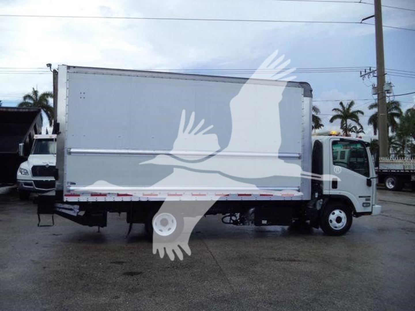 Isuzu NPR HD box truck in view showing cargo box and cab with white color.