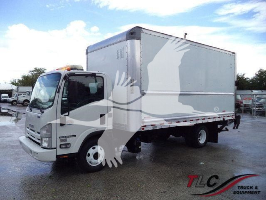 Isuzu NPR HD box truck side view showing cargo box with white exterior and reflectors, cab front with grille and headlights.