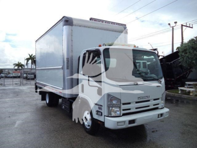 Isuzu NPR HD box truck showing front and driver side with cargo box