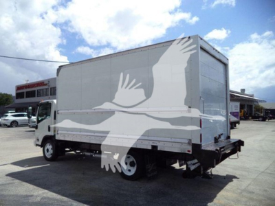 Isuzu NPR HD box truck rear three-quarter view showing cargo box and rear bumper.