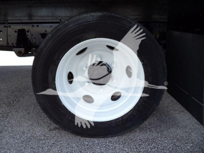 Isuzu NPR HD wheel and tire close-up on truck with white steel rim and black tire