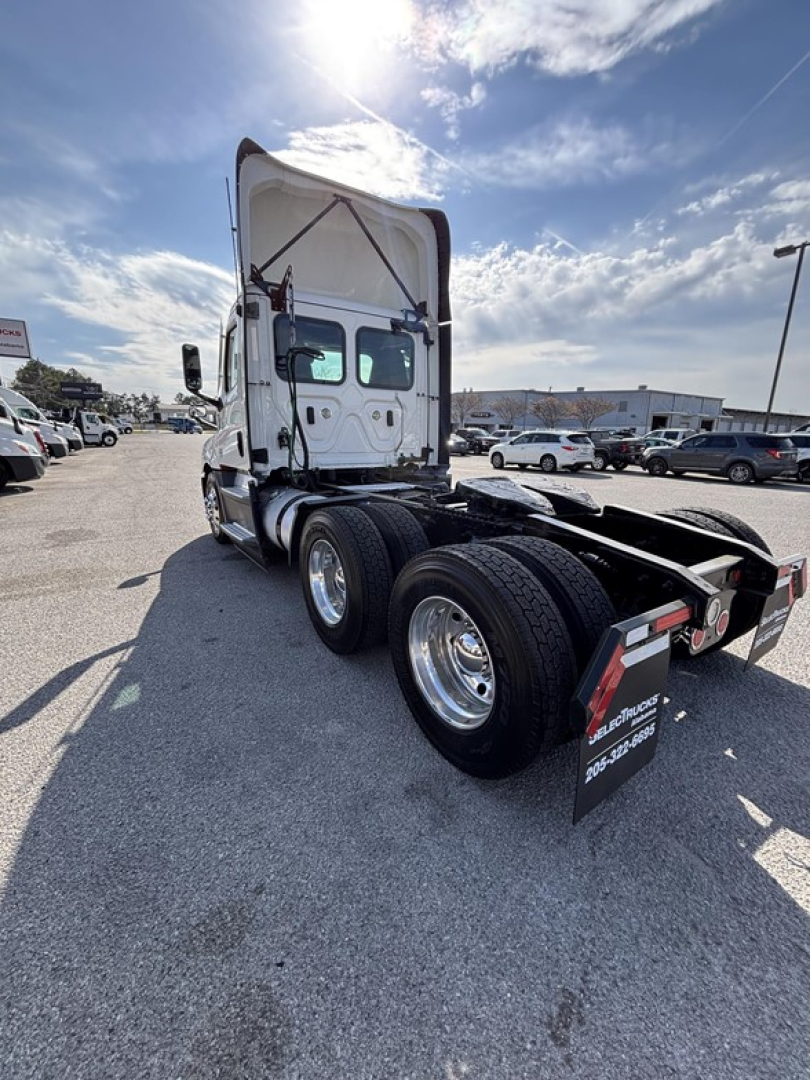 Freightliner Cascadia 126 rear view showing dual rear axles and mudflaps with text; no other readable labels visible on the image.