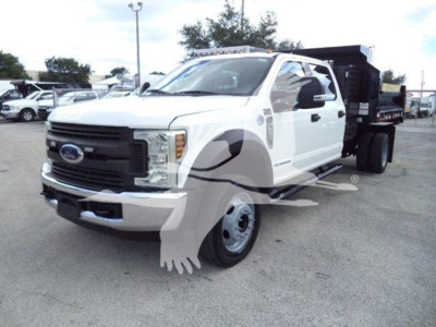 Ford F-550 dump truck in white, front angled view, showing cab and dump bed. Visible Ford emblem on grille and side mirrors.