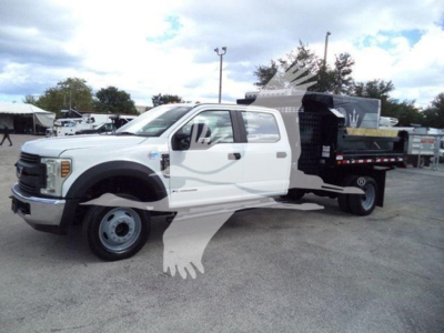 Ford F-550 dump truck side view showing white cab and black dump body.