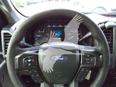 Ford steering wheel and instrument cluster in the cab of a 2018 Ford F-550 XL dump truck showing steering wheel controls and dashboard gauges.