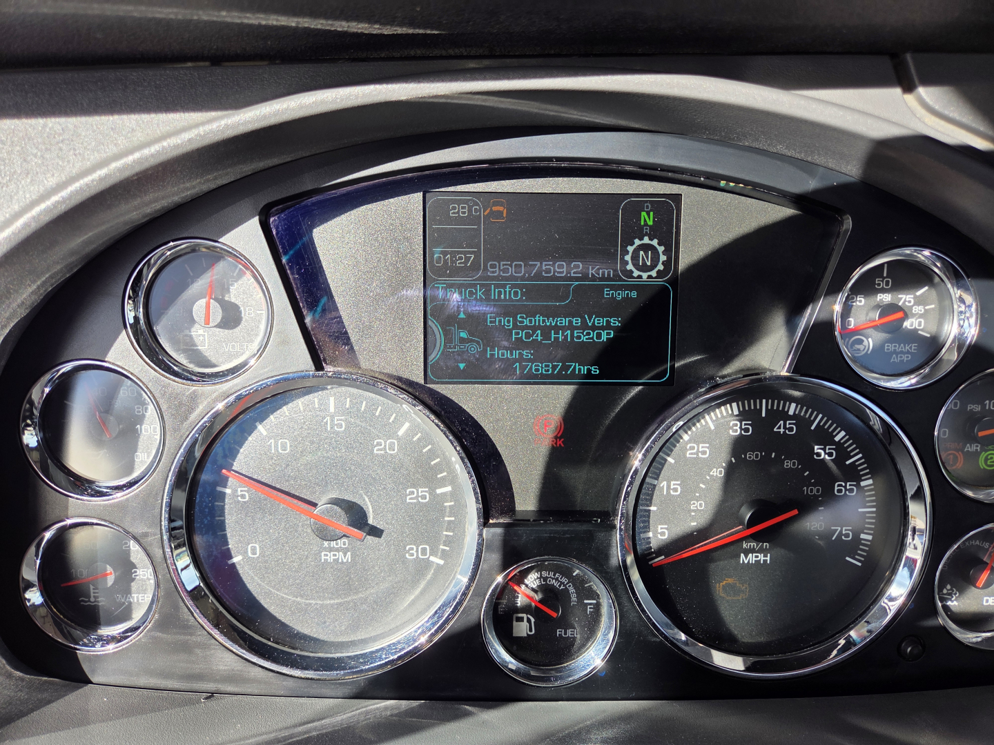 Kenworth T880 instrument cluster and digital display showing vehicle metrics and engine software info.