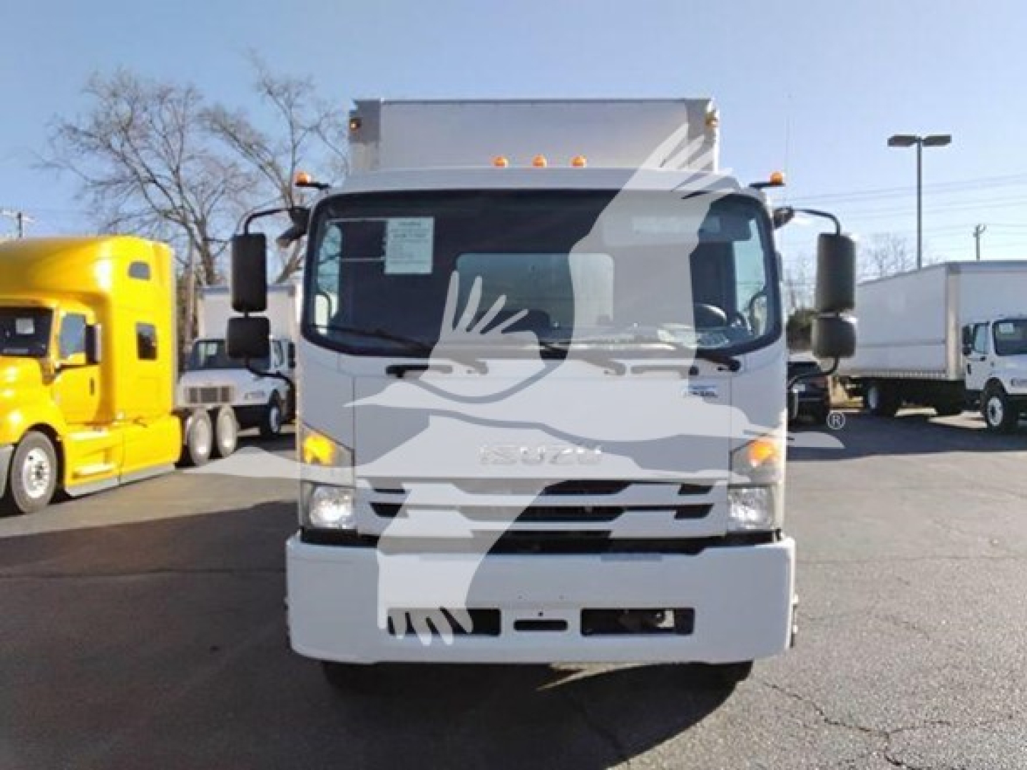 Isuzu box truck front view showing windshield, headlights, and grille with ISUZU emblem.