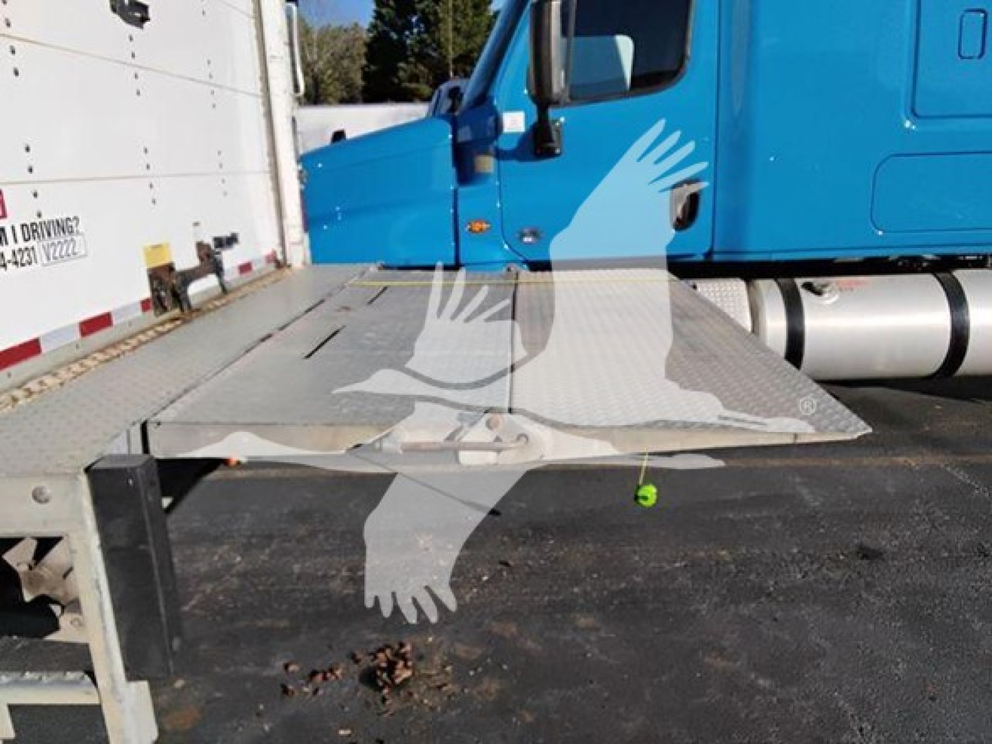 Isuzu FTR truck with a metal step/platform extending from the cab area and a blue cab in view.