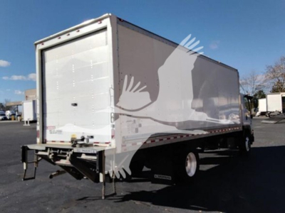 Isuzu FTR box truck with rear doors and liftgate, side view showing empty cargo box, white exterior with reflective tape and black chassis.
