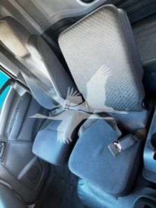 Isuzu FTR cab interior showing front seat and seat belt buckle, passenger seat folded up, dashboard area, grey fabric seats.