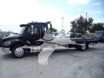 Freightliner M2 106 rollback truck side view with extended flatbed and cab in black; no visible brands or text beyond generic truck features.