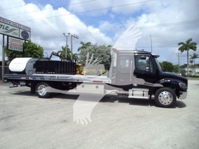 2027 Freightliner M2 106 rollback truck with a flatbed and integrated tank, side view showing cab and chassis.