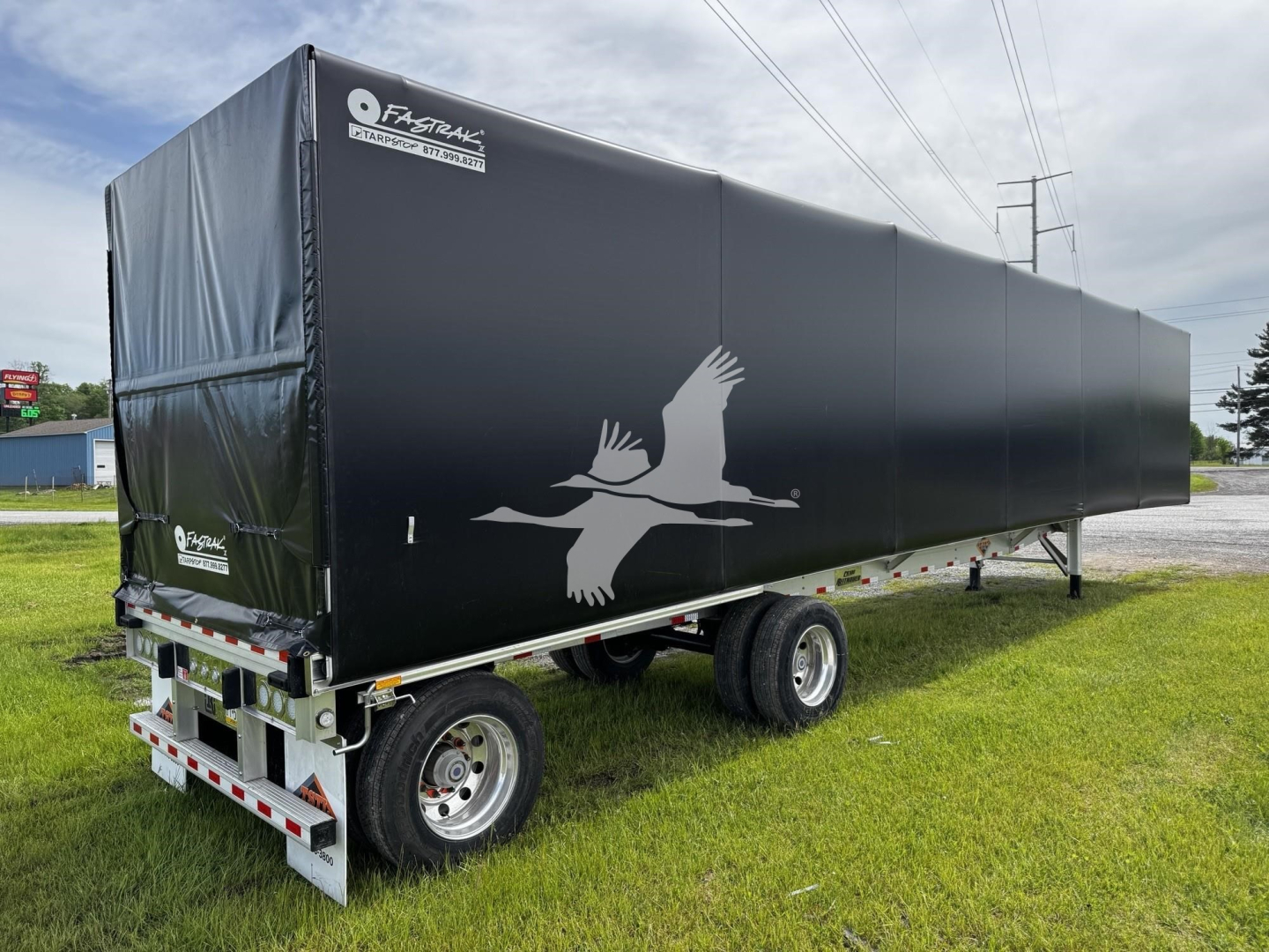 Curtainside trailer showing Fastrac logo and bird graphic on black tarp with rear and side views visible.