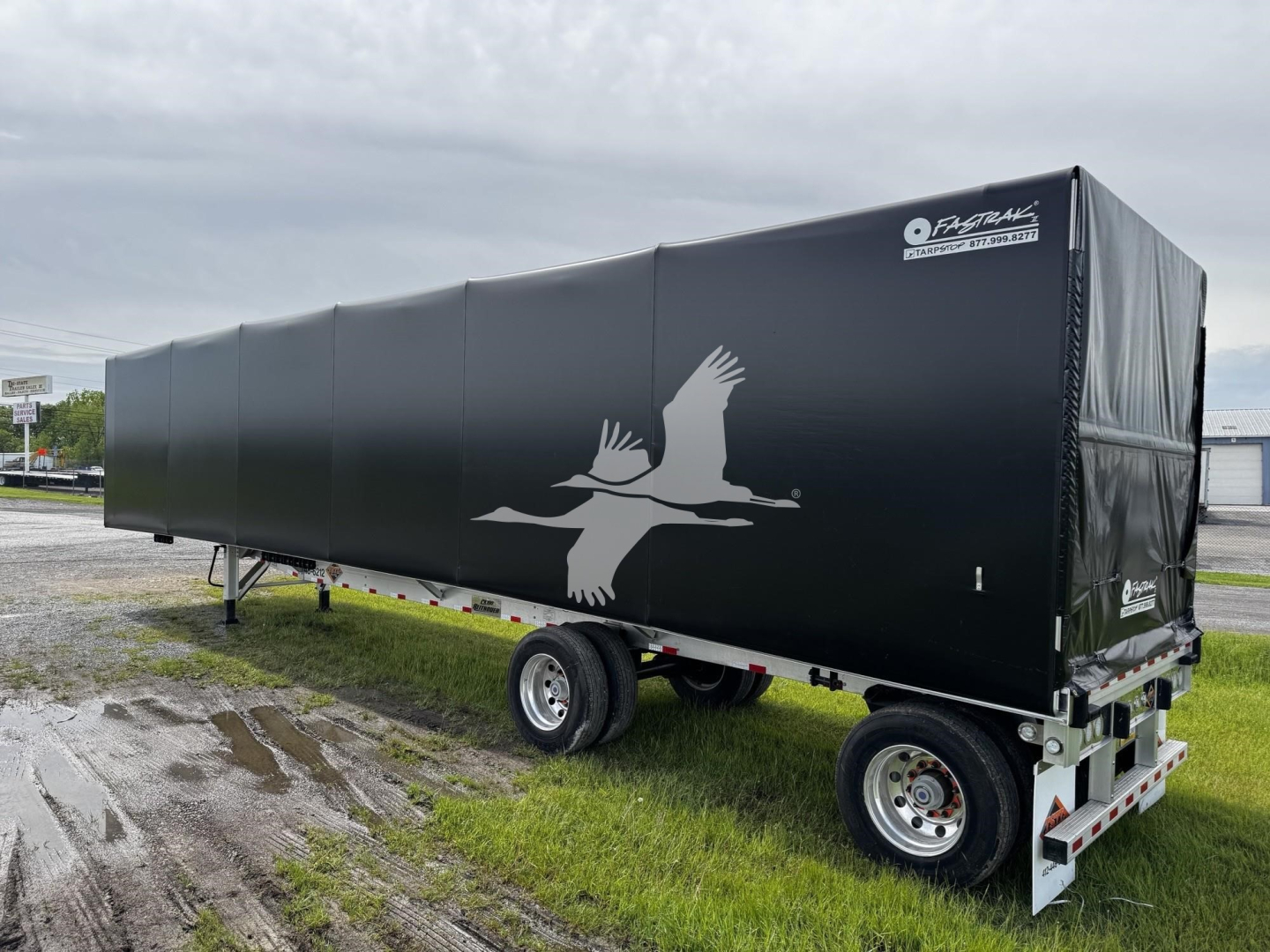Curtainside trailer showing a black exterior with white logo of a flying crane and rear ramp, side view