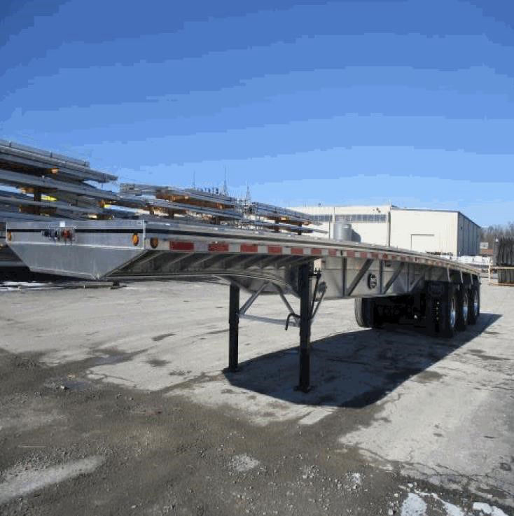 Trailer frame showing tri axle flatbed semi-trailer with support legs and deck, stock number 71420