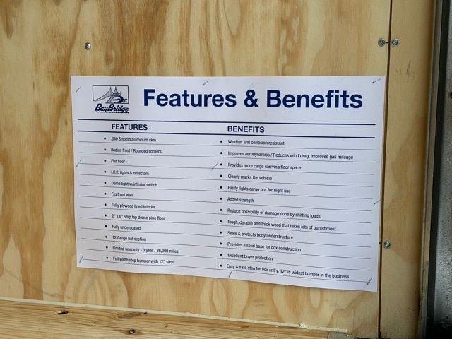 A sign labeled Features & Benefits mounted inside a wooden enclosure. The left column lists features like 440 smooth aluminum skin, reinforced corners, flat floor, doors, 2x8 cargo bed, etc. The right column lists benefits such as weather r