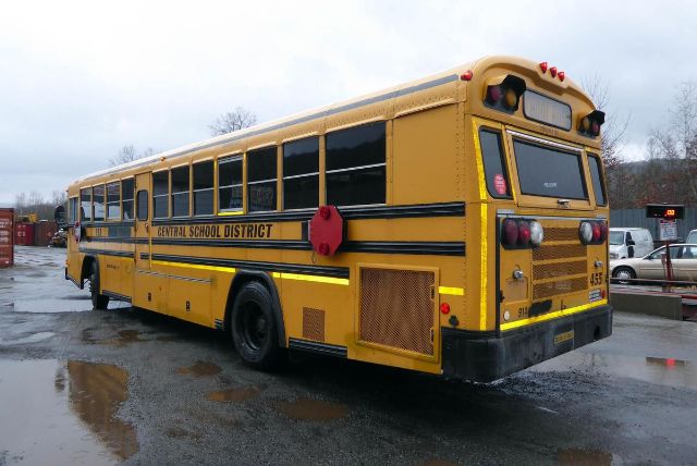 Retro yellow school bus with 'CENTRAL SCHOOL DISTRICT' text along the side, rear view showing back doors, lights, and bumper.