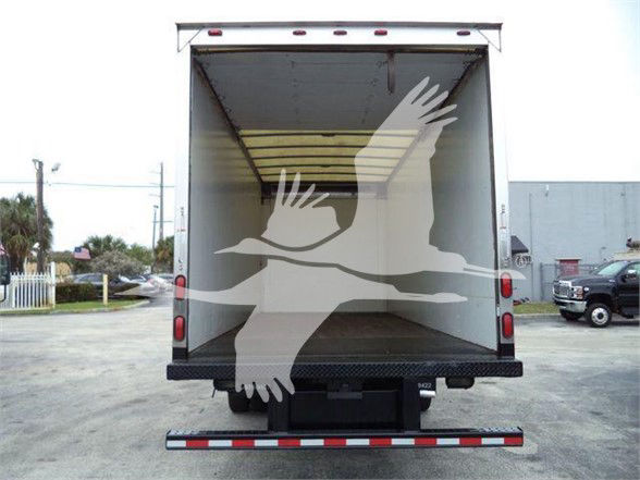 Ford E-450 box truck rear view with open cargo area and two taillights.