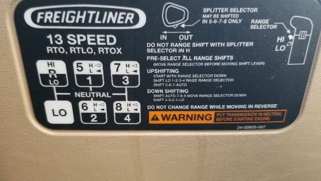 Freightliner 13 speed trans control diagram with labels for HI/LO, R, N, and gear numbers; warning label and switch positions visible.