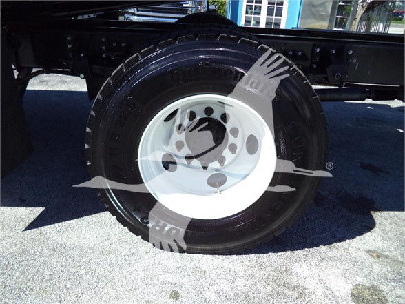 Isuzu FTR wheel and tire close-up showing white steel wheel and black heavy-duty tire on truck chassis.