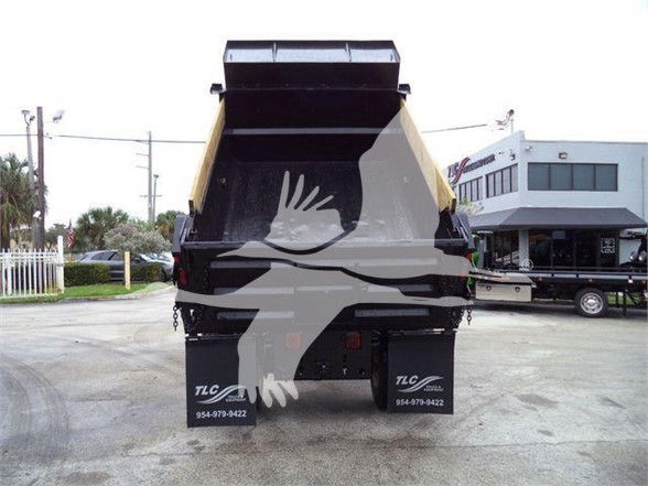 Rear view of a Ford F650SD dump truck with a raised dump bed. Visible text on the rear mudflaps includes TLC logo and phone numbers. The truck bed and surroundings are present.