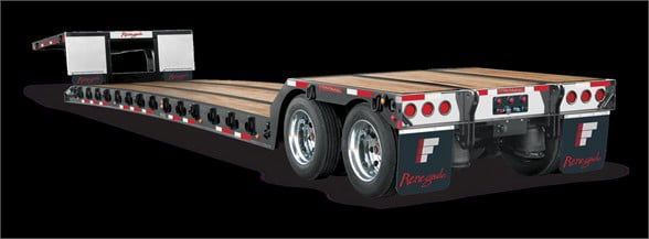 40-ton Fontaine mechanical detachable double drop trailer showing end of trailer with multiple axles, wood deck, and rear ramps.