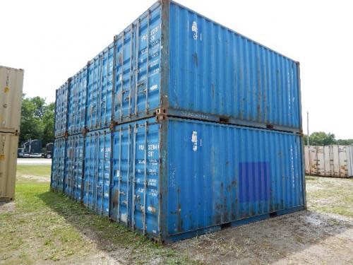 Used 20' wind weather-tight shipping containers stack in blue color with doors and rust-free hinges.