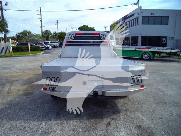 Front/rear view of a white Ram 5500 flatbed truck with rear bumper and taillights visible.