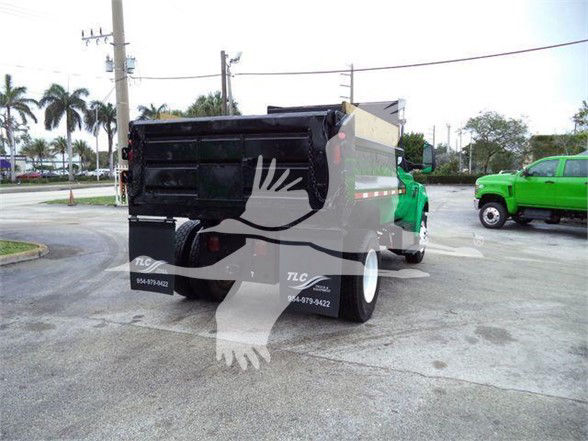Truck dump bed on a 2017 Ford F650 SD with green cab and black dump body, rear view showing taillight, single rear wheels, and reflective stripe.