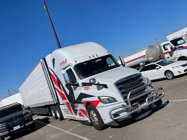 Truck engine bay showing Freightliner Cascadia 2018 with Eagle graphics and front bull bar.