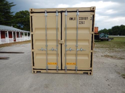 Shipping container rear view showing double doors with vertical locking bars and stamped text.
