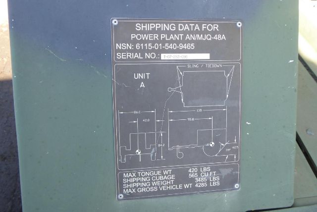 Shipping data plate on a unit showing NSN and serial number, unit A diagram with dimensions and weights: max tongue weight 420 lbs, shipping cube 565 cu ft, max gross vehicle weight 4285 lbs.