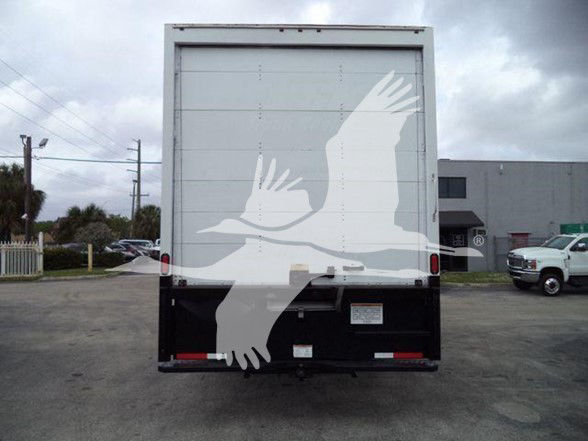 Back of a box truck with a large white bird graphic on the rear doors. Small label panels near the bumper, and taillights visible.