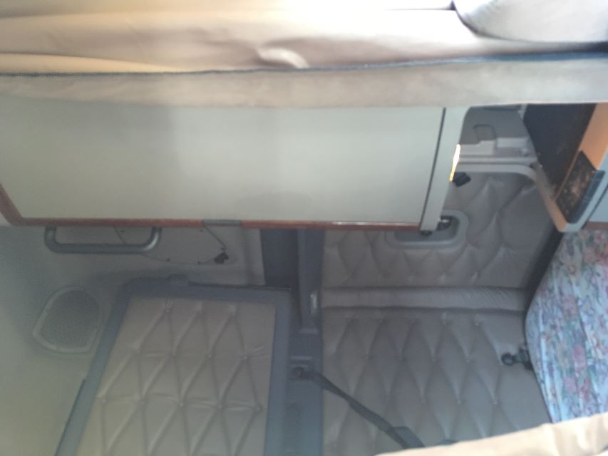Cab interior of a Freightliner Cascadia 125 truck showing sleeper area with quilted headliner and storage cabinet.