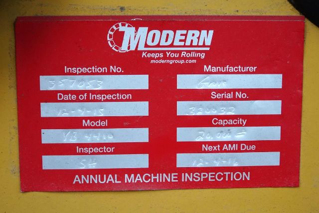 Red Modern yearly inspection plate with fields: Inspection No., Manufacturer, Date of Inspection, Serial No., Model, Capacity, Inspector, Next AMI Due; Annual Machine Inspection text at bottom.