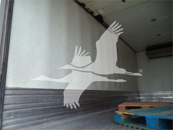 Trucking trailer interior with wooden pallets in corner and a large watermark of a flying bird crossing the image.