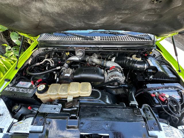 Ford engine bay showing V-shaped engine, air intake hose, coolant reservoir, battery, and various hoses in a bright green engine compartment.