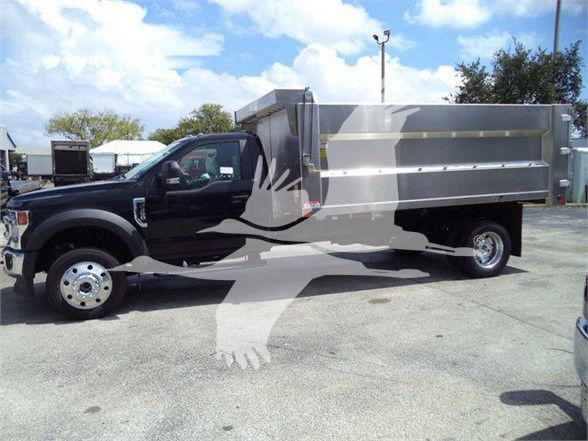 Ford F-550 dump truck, black cab with aluminum dump bed, front and side view.
