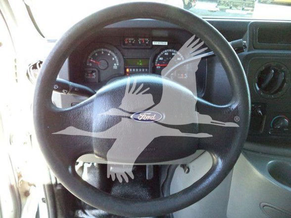 Ford steering wheel and dashboard in a Ford E-450 van interior with gauges visible through the wheel.