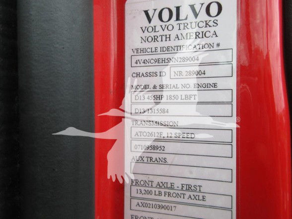 Volvo truck identification label with Vehicle Identification Number, chassis, model/serial engine, transmission, front axle - first 13,200 lb front axle rating.