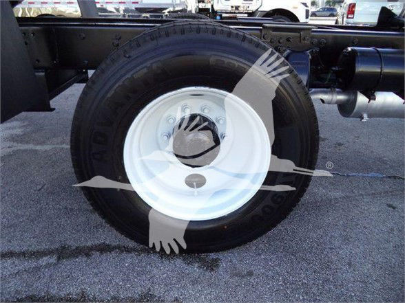 Freightliner M2 106 wheel and tire view showing single white steel wheel and tire sidewall with frame and chassis components in background.