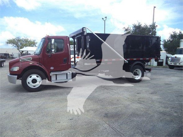 Truck body showing 2015 Freightliner BUSINESS CLASS M2 106 refuse truck with maroon cab and black dumpster body
