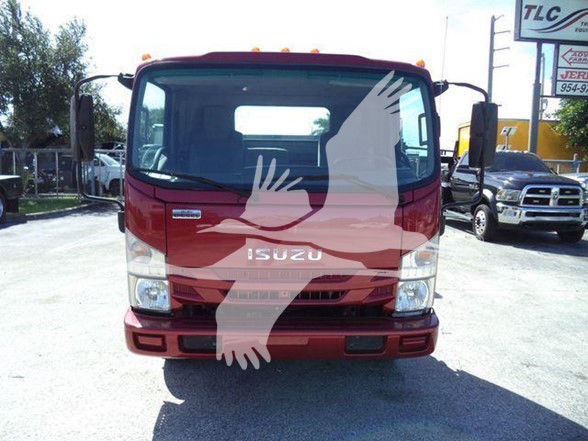 Isuzu NPR XD truck front view with windshield, headlights, grille, and Isuzu emblem visible.