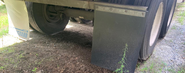 Trailer mudflap and wheel area showing Vanguard branding and tire with fender; gravel ground.