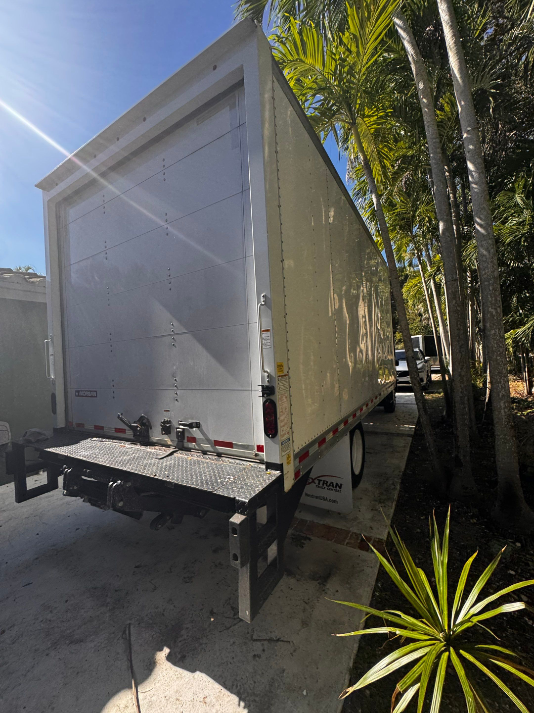 Isuzu NQR box truck rear view showing metal roll-up doors and rear bumper with steps, white cargo box, and surrounding palm trees.