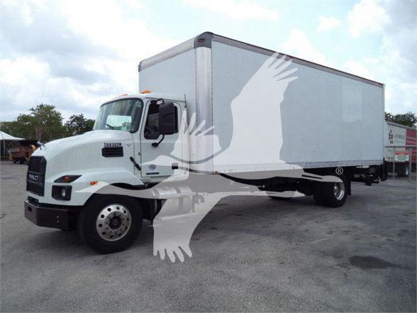 Box truck with white cab and large box, side view shows fleet logo watermark overlay; no legible labels visible on truck body.