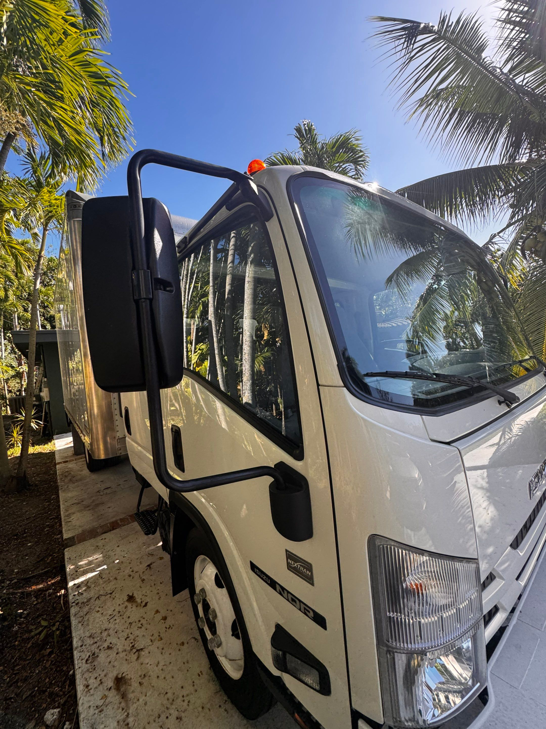 Isuzu NQR truck side cab showing large black exterior mirrors, front grille, and badge; palm trees in background.